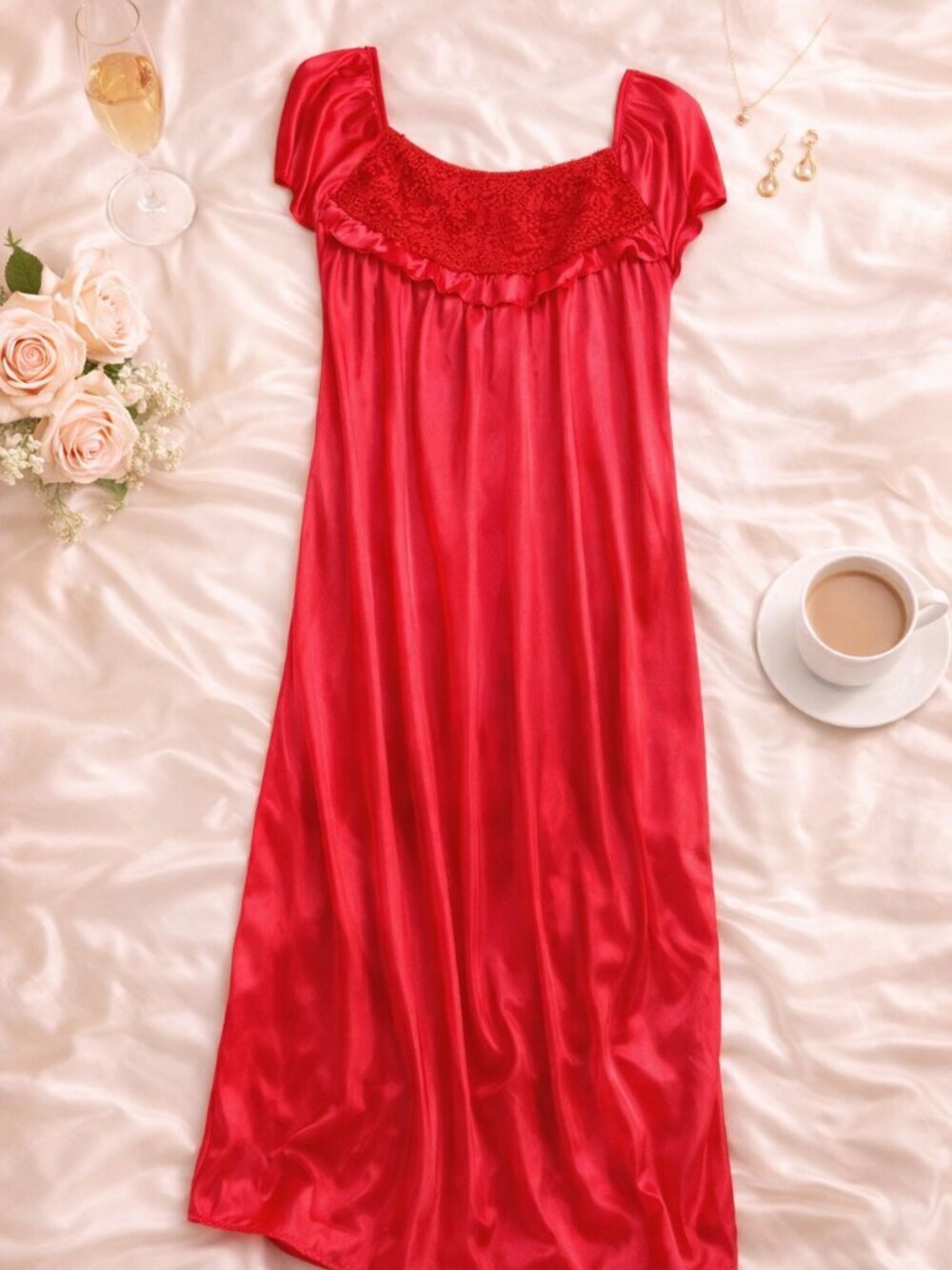 EZI Red Satin Nightgown Maxi Dress Lace Trim Lounge Slip Dress Size M